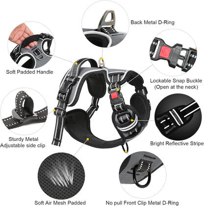 Timos Dog Harness Large Sized, No Pull with Neck Lockable Snap,No Choke Front Clip Dog Reflective Harness,Adjustable Metal Rings 3 Buckles,Easy Control Handle for Large Dogs Gray XL
