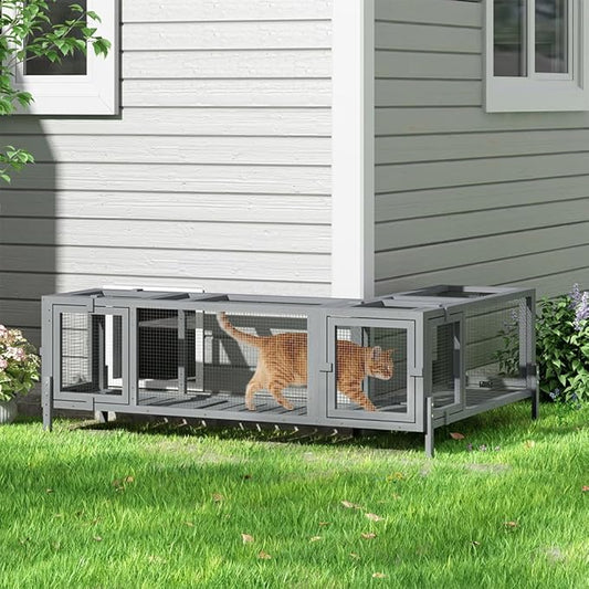 COZIWOW Wooden Cat Play Tunnel with Platforms – Configurable Window Catio, Multi-Combination Extendable Cat Run & Small Pet Play Enclosure for Indoor/Outdoor Use