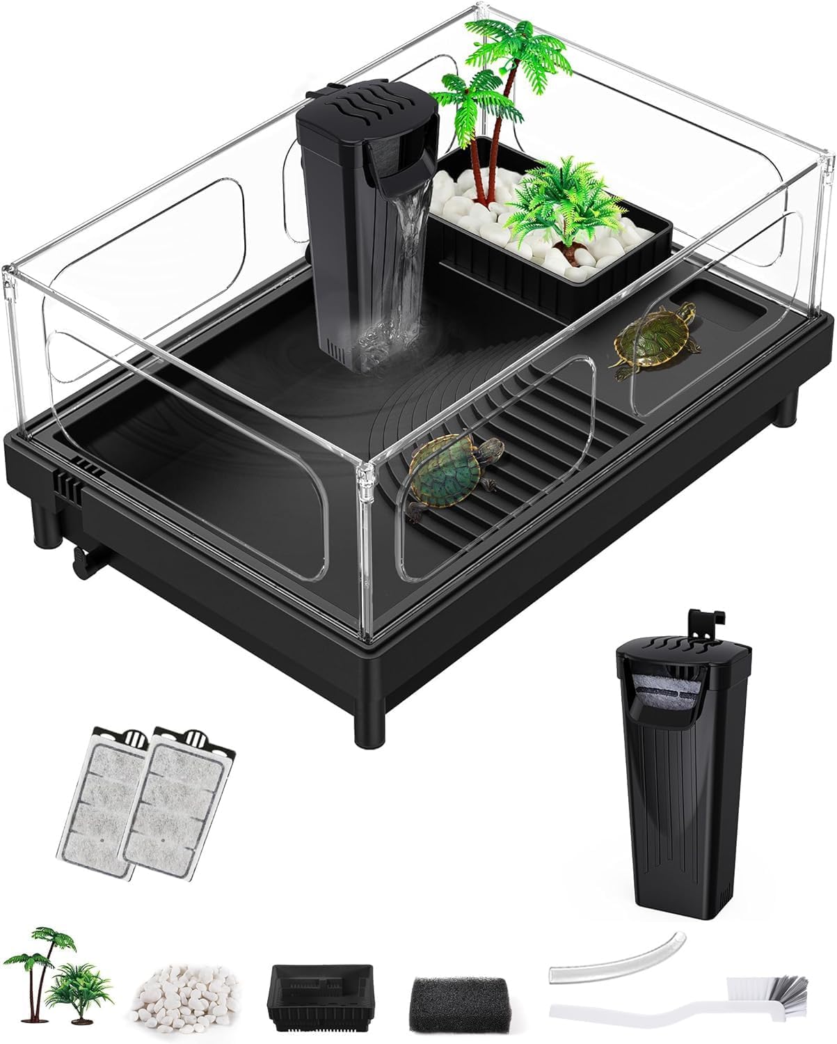 Small Turtle Tank, Aquarium, Acrylic Terrarium with Basking Platform, Bottom Drainage, Multi-Function Areas for Turtles, Crabs, Crayfish, Reptiles.(Black+Filter) - Pawvie