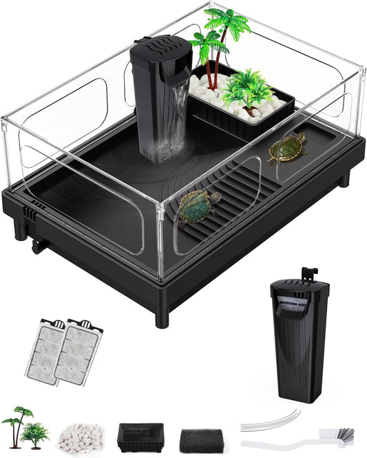 Small Turtle Tank, Aquarium, Acrylic Terrarium with Basking Platform, Bottom Drainage, Multi-Function Areas for Turtles, Crabs, Crayfish, Reptiles.(Black+Filter) - Pawvie