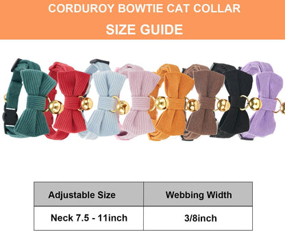 2 Pack Soft Corduroy Cat Collars with Bow Tie & Bell, Adjustable Breakaway Cotton Kitty Bowtie Collar for Male Boy Cats (Black & Brown)