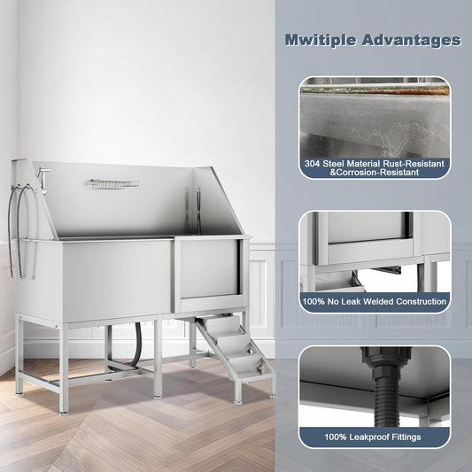 50" Pet Dog Bathing Station, Stainless Steel Dog Bathtub W/Ramp, Floor Grate, Dog Bath Brush, Washing Gloves for Home, Professional Dog Washing Station for Pets (50 Inch Left Door)