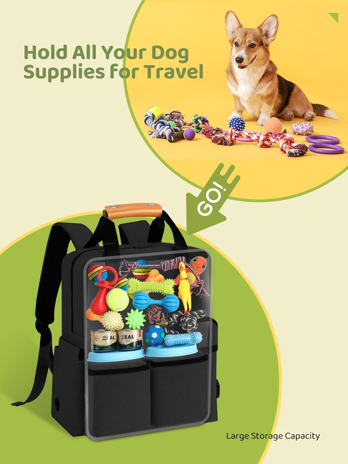 Dog Travel Bag, 25L Airline Approved Dog Travel Backpack for Pet Travel Accessories with 2 Food Storage Containers, 2 Foldable Bowls for Short Trips, Black - Pawvie