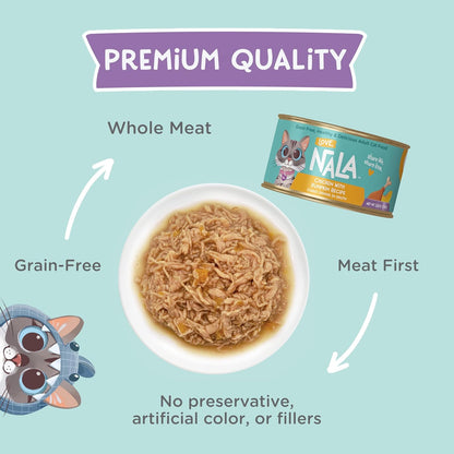 LOVE, NALA - Natural Adult Cat Wet Food - FLAKED Chicken with Pumpkin in Broth - Grain Free, Non-GMO, Digestive Fiber, Vitamins, Minerals - 12 Pack 2.4 lbs.