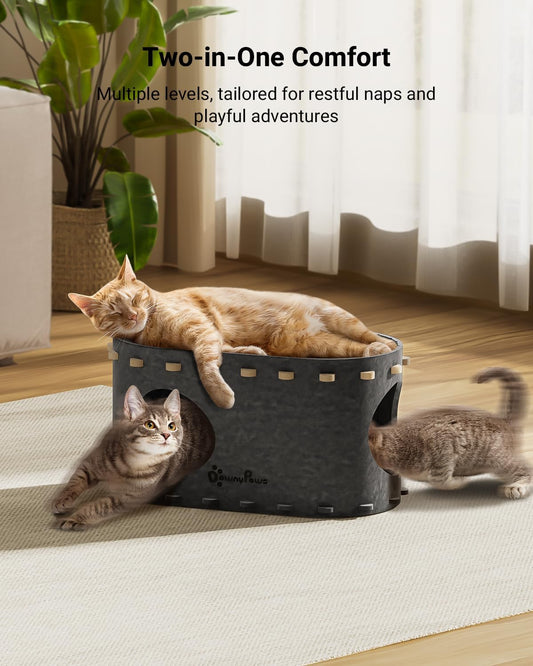 DownyPaws Cat House for Indoor Cats, Cat Bed Cave for Multiple & Large Cats Up to 22 Lbs, Scratch Resistant Peekaboo Cat Caves, Foldable Tunnel Enclosed Bed, PeekaPurr, Sesame Gray