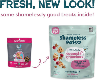 Shameless Pets Crunchy Cat Treats - Kitty Treats for Cats with Digestive Support, Natural Kitten Treats with Real Chicken, Healthy Flavored Feline Snacks - Cran You Say Chicken, 12 oz