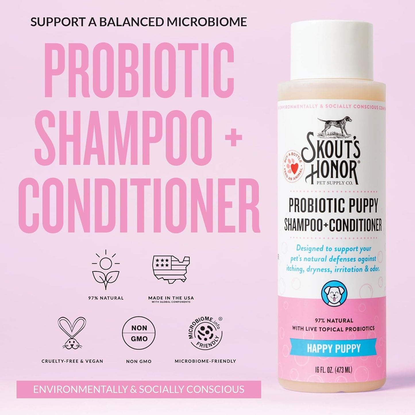 Skout's Honor Probiotic Dog Shampoo & Conditioner with Avocado Oil & Omega-3s, 97% Natural, Paraben & Sulfate-Free, Cruelty-Free, 16oz, Happy Puppy