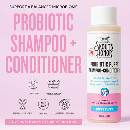 Skout's Honor Probiotic Dog Shampoo & Conditioner with Avocado Oil & Omega-3s, 97% Natural, Paraben & Sulfate-Free, Cruelty-Free, 16oz, Happy Puppy