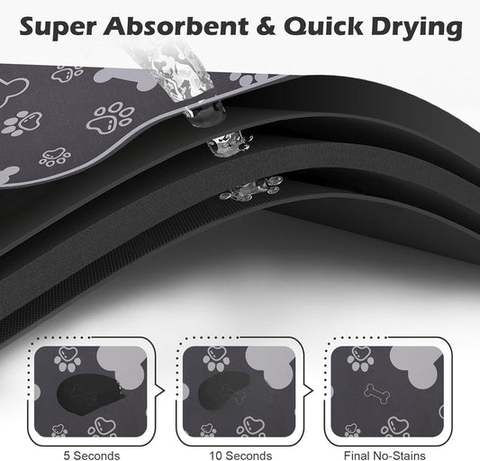 Dog Cat Food Mat,Rapid Absorbent Pet Feeding Mat, Bone Shaped Dog Placemat Water Bowl Mat with Rubber Backing,No Stains Dog Cat Food Mats Indoor, Pet Accessories Supplies 16"×24" Dark Grey