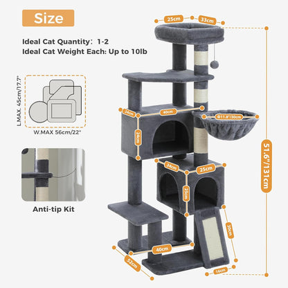 PAWZ Road Cat Tree, 51.6 Inches Cat Tower with Dual Condos, Spacious Perch, Cozy Basket and Sisal-Covered Scratching Posts for Indoor Cats- Dark Gray