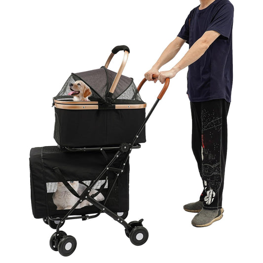 Double Pet Stroller for Dogs and Cats, Foldable Dog Stroller Travel Carriage with Detachable Carriers, Safety Belts, and 4 Lockable Wheels for Small to Medium Pets (Black) - Pawvie