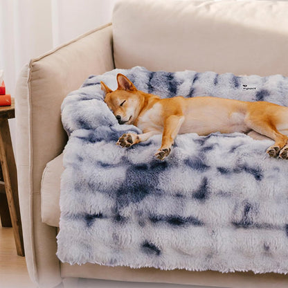 FUNNY FUZZY Pet Fluffy Plush Calming Dog Couch Bed Sofa Protector Washable Pets Mat for Large Medium Small Dogs and Cats (Tie-dye Blue,47.24 × 37.4 × 6.3 in)