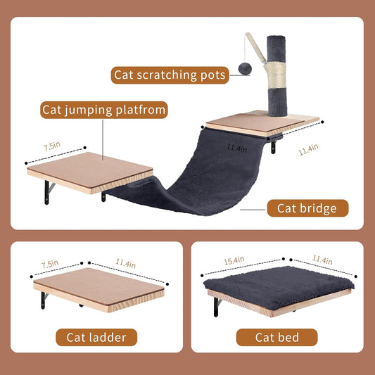 Wall Mounted Cat Climber Set, Cat Wall Shelves,Cat Wall Furniture Set,with Hammock,Jumping Boards,Sofa,Steps,Scratching Post,Hanging Ball and Felt Pads, Suit for Cats Climb, Jump,Scratch-Dark