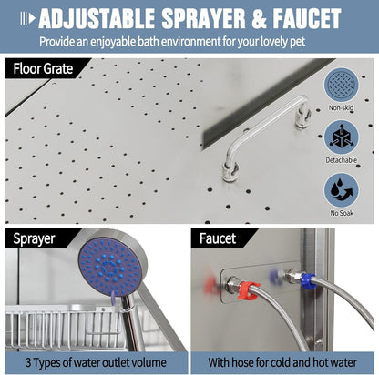 Dog Washing Station 38'' Stainless Steel Pet Grooming Tub for Large Dogs Over-Size Professional Dog Grooming Bathtub Station Wash Shower Sink Pet Grooming Bathtub Station