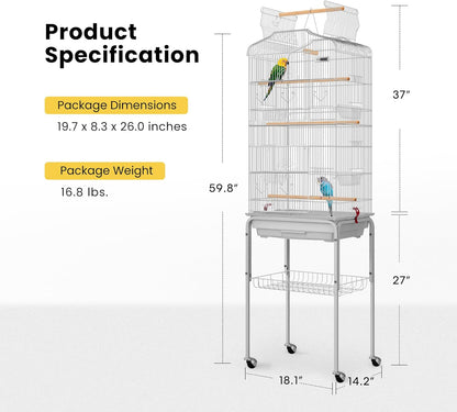 VIVOHOME 64 Inch Bird Cage with Play Top and Rolling Stand for Parrots Conures Lovebird Cockatiel Parakeets Gray