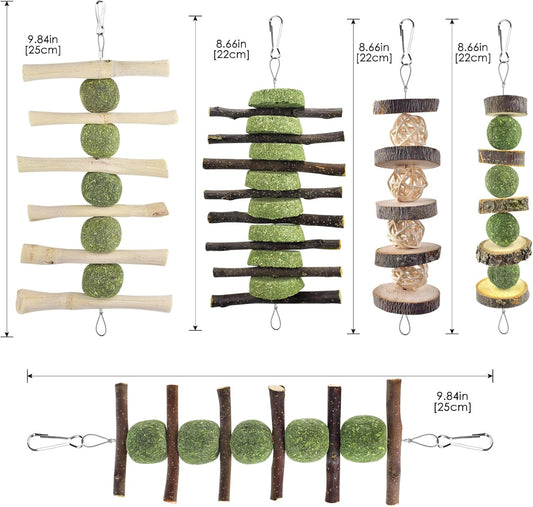 ERKOON Bunny Chew Toys, Rabbit Chew Toys for Teeth Grinding, Improve Dental Health, 100% Natural Apple Wood Timothy Grass Cake Treats for Rabbits Guinea Pigs Chinchillas Bunnies Hamsters (5 Pcs)