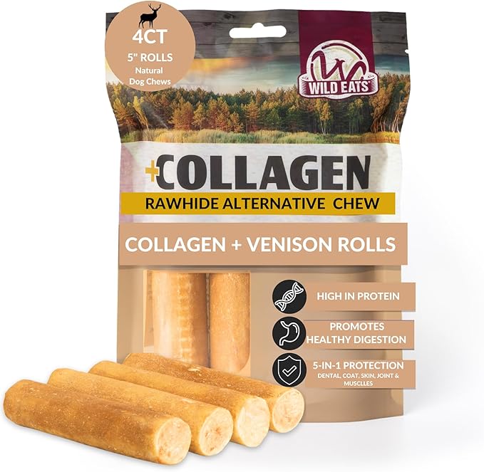 Wild Eats Venison Flavor Collagen Retriever Style Cheek Rolls 5" Dog Chews-4 Pack (Long Lasting Dog Chews Treats & Bones for Medium Dogs) Substitute for Pig Ears for Dogs