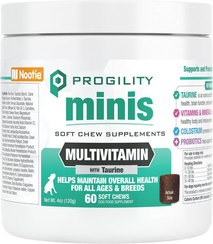 Nootie PROGILITY Daily Mini Multivitamin Chews for Dogs - Supports Immunity, Heart, Eye, Brain, and Bone Health with Taurine- for All Dog Sizes - 60 Soft Chews - Sold in Over 5,000 Pet Stores