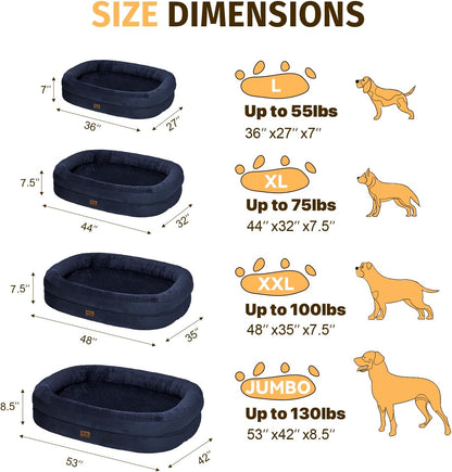 Orthopedic Waterproof Large Dog Bed: Memory Foam Washable Dog Bed with Bolsters - Removable Orthopedic Cover for Medium L XL Large Sized Pet - Non-Slip Bottom - Navy