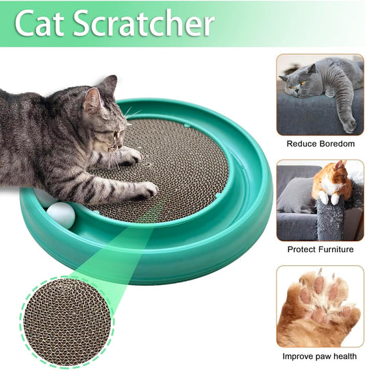 Interactive Cat Ball Track Toy for Indoor Cats, Cat Scratching Board & Exercise Set for Bored Indoor Adult and Kitten Mental & Physical Stimulation, with Spare Ball to Prevent Loss (Green)