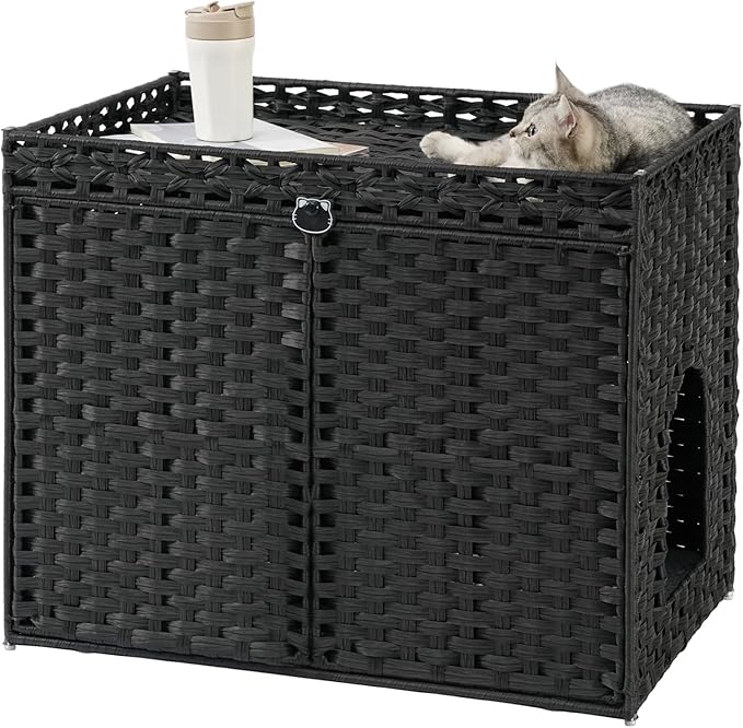 Cat Litter Box Enclosure Furniture, Hidden Litter Box, Cat Litter Box Cabinet with 2 Litter Mats, Handwoven Rattan Large Space Cat House, Indoor for Living Room, Bedroom, Apartment Black