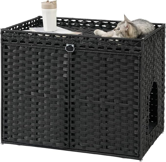 Cat Litter Box Enclosure Furniture, Hidden Litter Box, Cat Litter Box Cabinet with 2 Litter Mats, Handwoven Rattan Large Space Cat House, Indoor for Living Room, Bedroom, Apartment Black