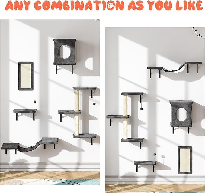 NUNU LAB Wall Mounted Cat Wall Shelves, 10-in-1 Cat Wall Climber with Kitten House, Bridge, Steps, Scratcher, Indoor Space-Saving Furniture for Kittens Play, Gray