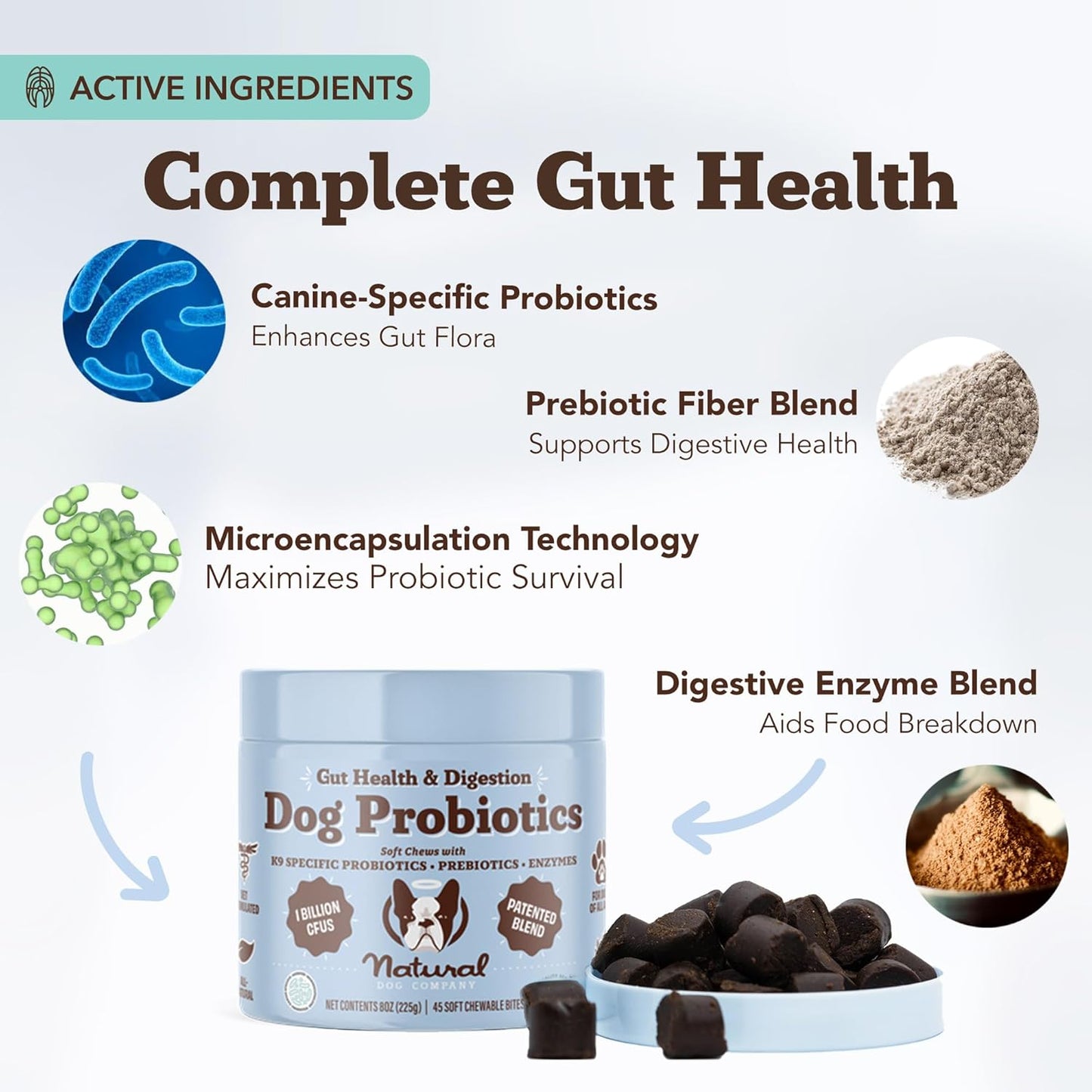 Natural Dog Company Gut Health & Canine Specific Probiotics Chews, 1 Daily Chew for All Dogs, Prebiotics & Digestive Enzymes for Digestion, Gas, Loose Stool, Immune System & Bowel Support