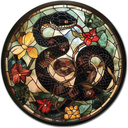 Lygond Metal Tin Sign - Circular Stained Glass Snake Vintage Sign for Garden - 8x8 Inches