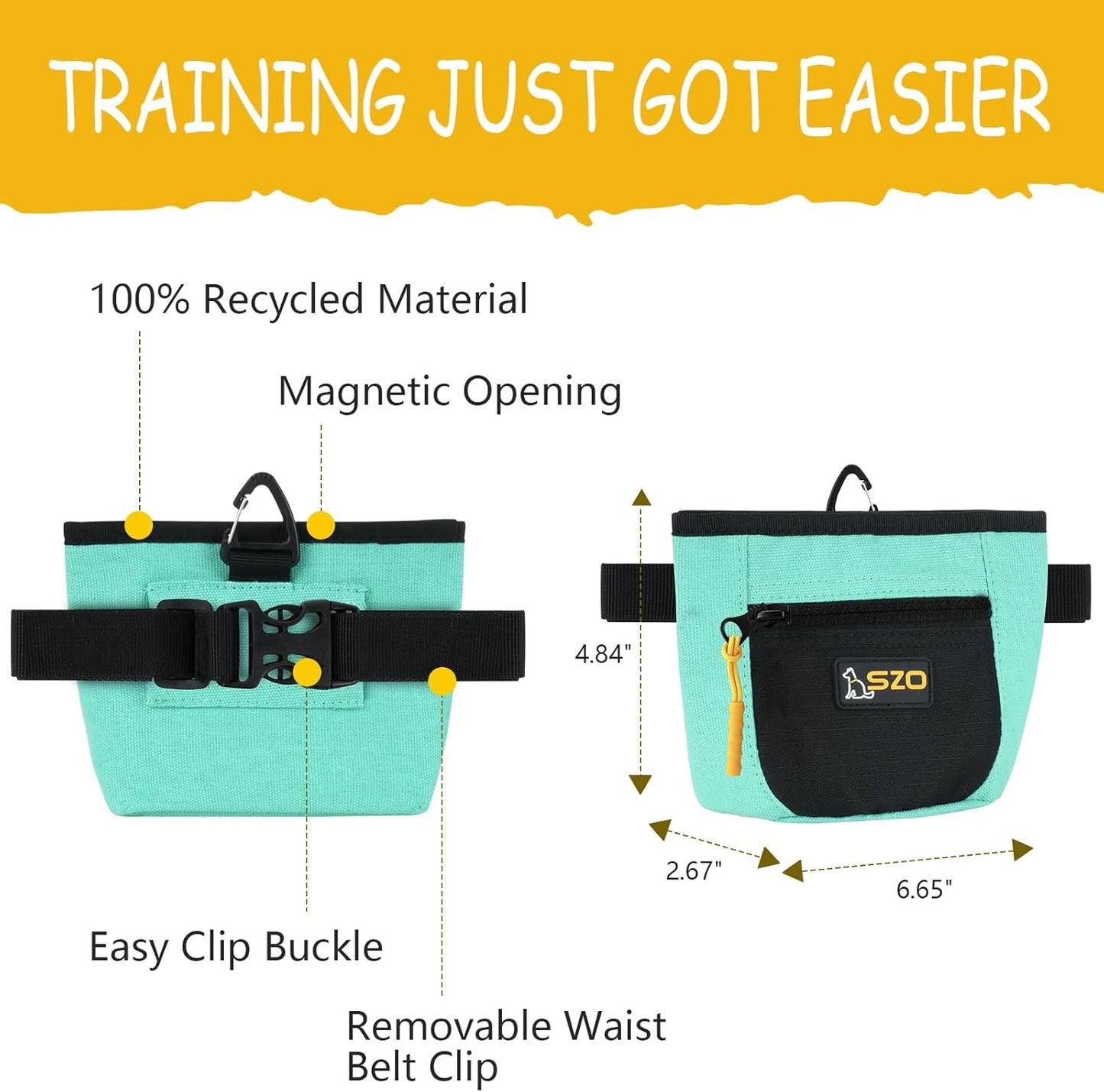 SZO Dog Treat Pouch with Pet Training Clicker, Dog Training Treat Pouch with Waist Belt Clip, Magnetic Closure, Hands-Free Training - Black&Green
