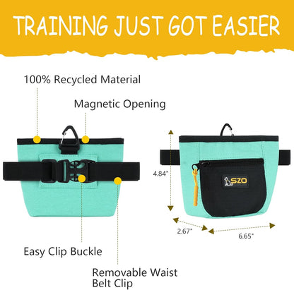 SZO Dog Treat Pouch with Pet Training Clicker, Dog Training Treat Pouch with Waist Belt Clip, Magnetic Closure, Hands-Free Training - Black&Green