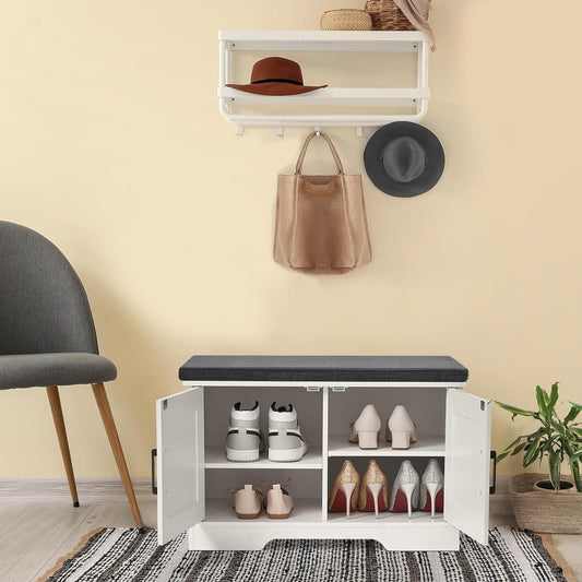 2-Tier Storage Bench, Shoe Bench with Padded Seat Cushion, Entryway Bench with 2 Barn Doors, Adjustable Shelf, 13.8" D x 27.6" W x 17.7" H, for Entryway, Living Room, Bedroom, White