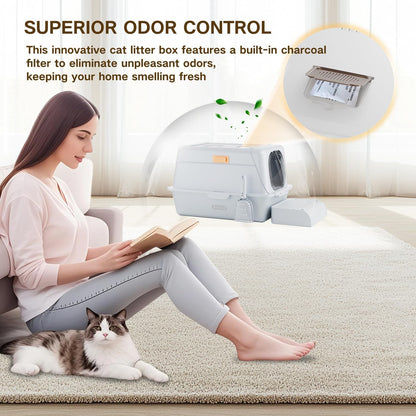 XX-Large Stainless Steel Cat Litter Box with Lid – Fully Enclosed Large Litter Box for Big Cats, Odor Control with Magnetic Door, Easy Clean, Multi-Cat Durable Metal Pan.(White-Gray)