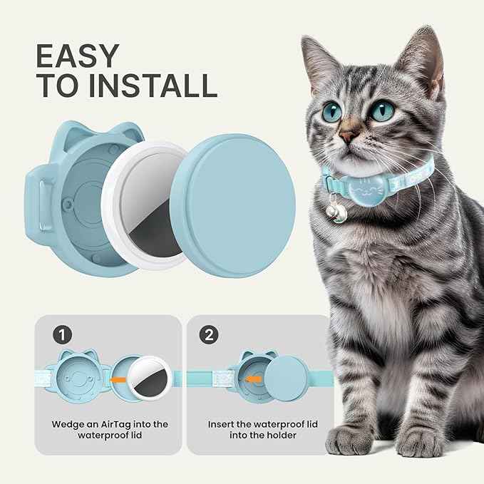 Waterproof Airtag Cat Collar, Breakaway Cat Airtag Collar with Luminous & Reflective Fish Pattern, Lightweight Kitten Collars for Apple Air tag, Hidden GPS Tracker Holder for Cats, Kittens(9-13")