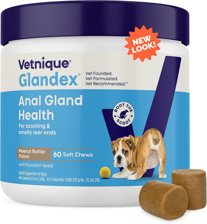 Vetnique Glandex Anal Gland Soft Chew Treats with Pumpkin for Dogs Digestive Enzymes, Probiotics Fiber Supplement for Dogs Boot The Scoot (Peanut Butter Chews, 60 Count)