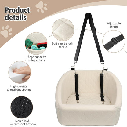 Dog Car Seat for Small Medium Dogs,Detachable Washable Dog Booster Seat Under 30lbs, Pet Car Seat Travel Bed with Storage Pockets and Dog Safety Belt (White) - Pawvie