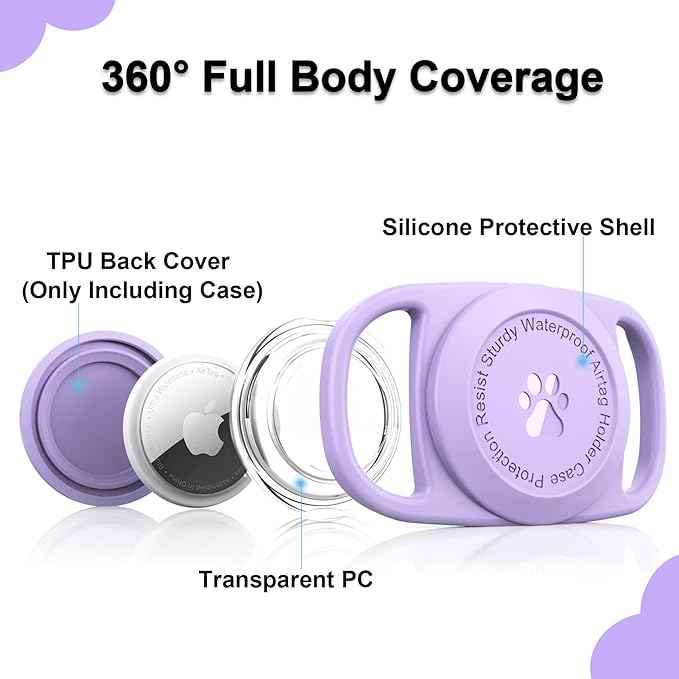 Airtag Dog Collar Holder, [1 Pack] Waterproof Protective Case for Apple AirTag, Durable & Lightweight with Full-Body Protection, Soft Silicone, Purple