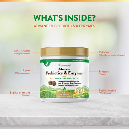 NaturVet Advanced Probiotics & Enzymes, PB6 Dog Soft Chews to Help Sensitive Stomachs and Digestive Issues, Hickory Smoked Bacon Flavored Pet Supplement for Dogs Over 6 Weeks, 120 Count Jar