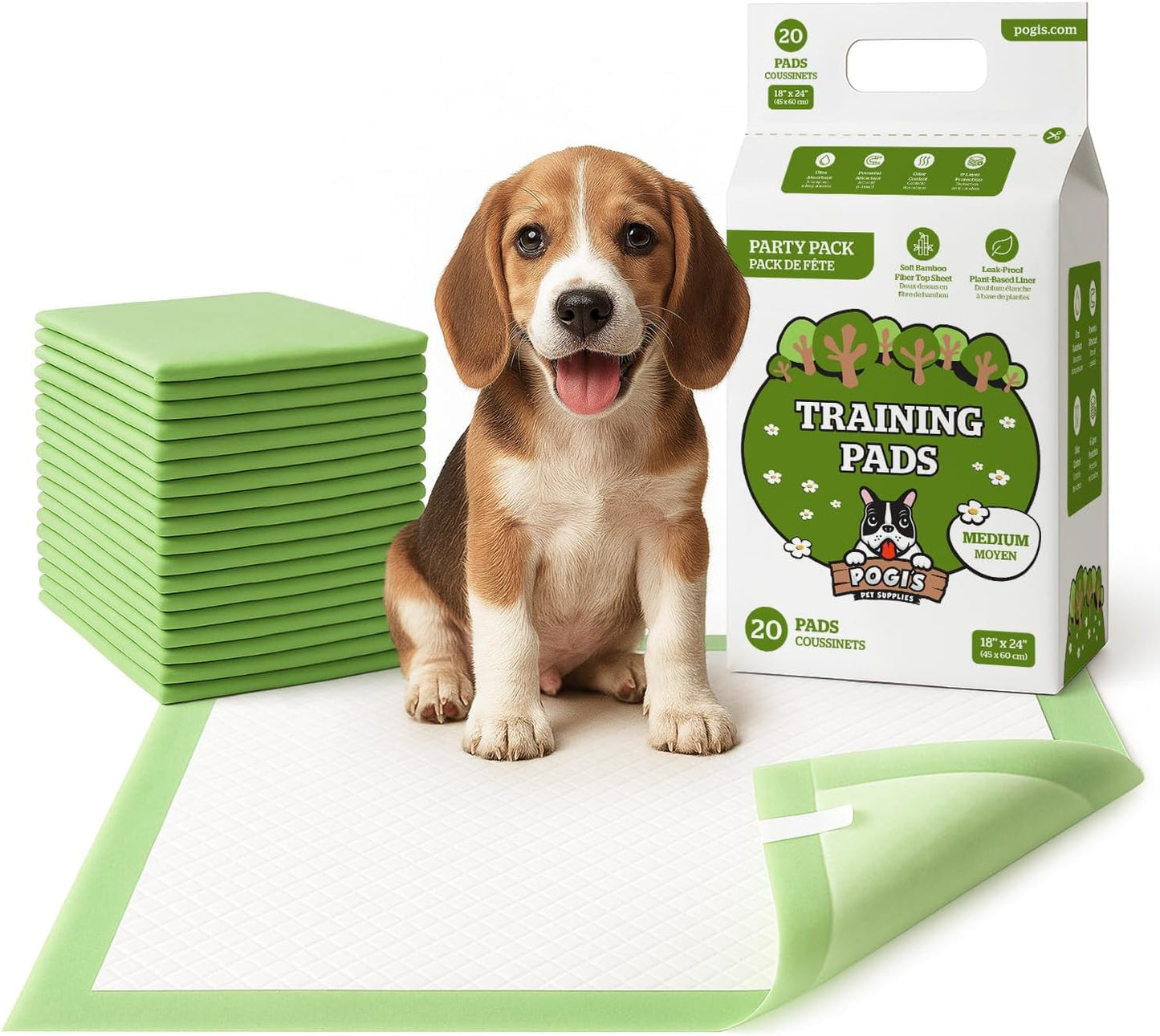 Pogi’s Puppy Pads with Sticky Tabs – Medium, Super Absorbent, Odor Blocking, 40-Count (18x24in)