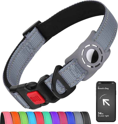 AirTag Dog Collar with AirTag Holder Compatible for Air Tag, Reflective Soft Padded, Safety Locking Buckle, Adjustable Nylon for Small Medium Large Dogs (Grey,XS)