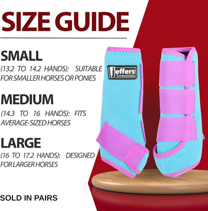 Jeffers Equine Neon Horse Boots – 1 Pair – Turquoise & Purple – Medium Size – Breathable Neoprene, Secure Straps Closures – Durable Protection for Front & Hind Legs, Trail & Riding Use