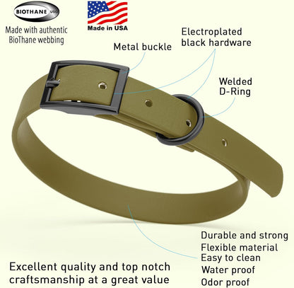 Dogline Biothane Waterproof Dog Collar Strong Coated Nylon Webbing with Black Hardware Odor- Proof for Easy Care Easy to Clean High Performance Fits Small Medium or Large Dogs, Olive Drab Green