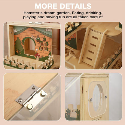 Wooden Hamster Cage, 15.8" 3-Layer Acrylic Dwarf Hamster Cages,Top Open Small Animal Cages with Stairs, Fences, Pastoral Style Mouse Cage for Pet Mice, Hedgehog