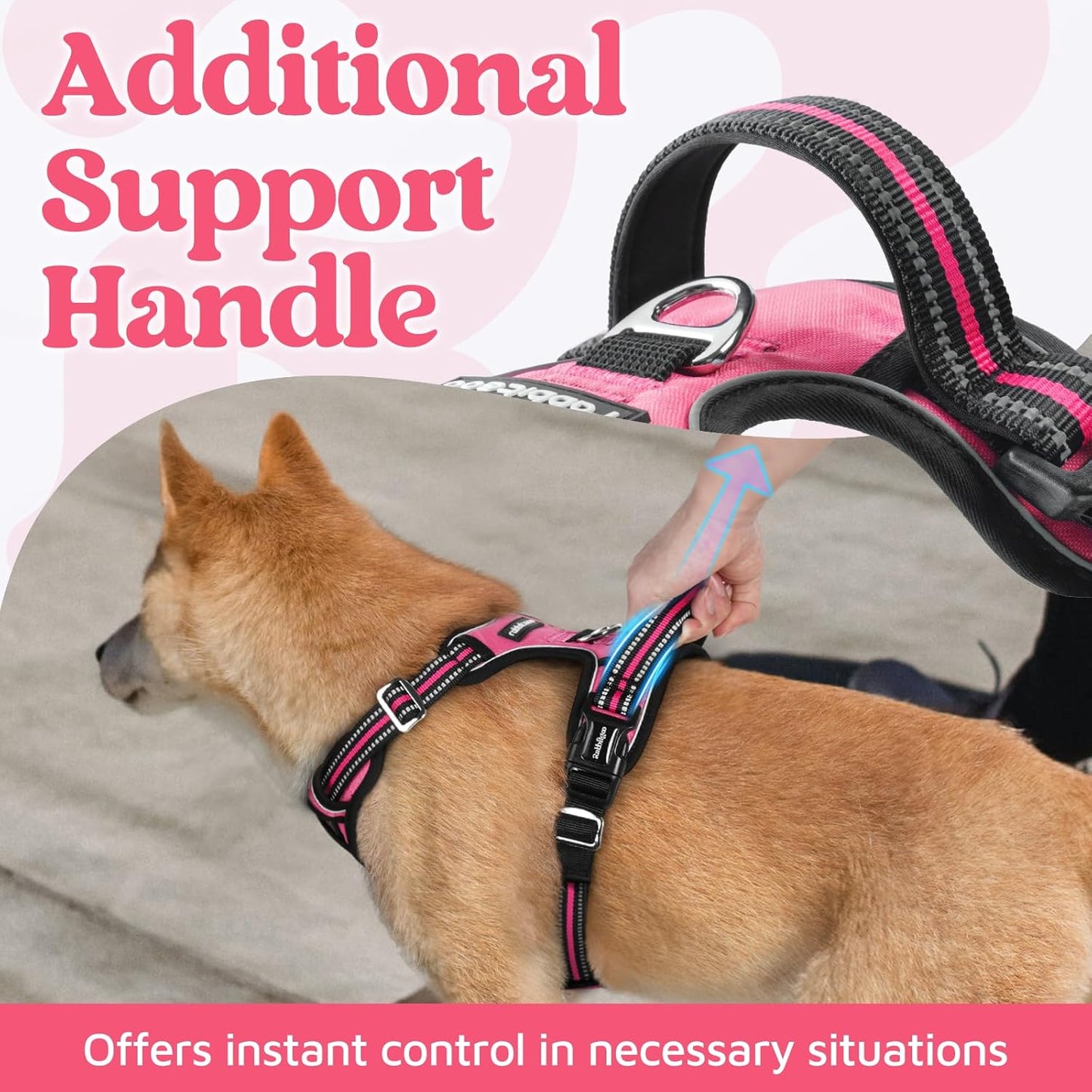 rabbitgoo Dog Harness Small Sized, No Pull Dog Vest with 3 Buckles, Adjustable Soft Padded Pet Harness with Easy Control Handle and Reflective Strips, Pink, S