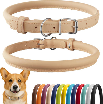 CollarDirect Rolled Leather Dog Collar, Soft Padded Round Puppy Collar, Handmade Genuine Leather Collar Dog Small Large Cat Collars 13 Colors (13-16 Inch, Beige Smooth)