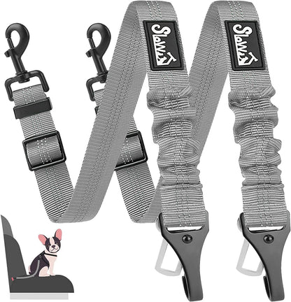 SlowTon 2 Pack Dog Seat Belt, 2 in 1 Attachment, Hook Latch Bar or Seatbelt Buckle with Elastic Nylon Bungee Buffer Adjustable Reflective Nylon Safety Belt Tether Connect to Dog Harness (2pack-GY)