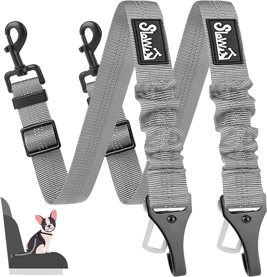 SlowTon 2 Pack Dog Seat Belt, 2 in 1 Attachment, Hook Latch Bar or Seatbelt Buckle with Elastic Nylon Bungee Buffer Adjustable Reflective Nylon Safety Belt Tether Connect to Dog Harness (2pack-GY)