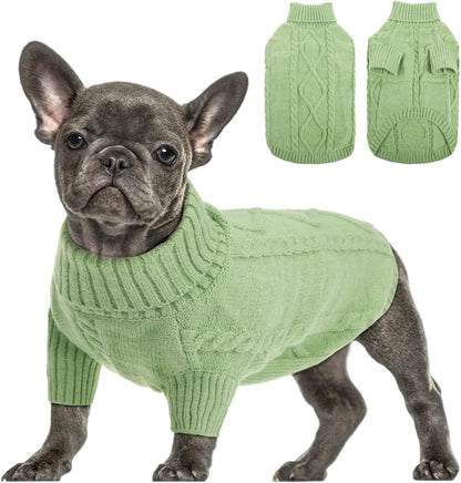 Queenmore Small Dog Pullover Sweater, Cold Weather Cable Knitwear, Classic Turtleneck Thick Warm Clothes for Chihuahua, Bulldog, Dachshund, Pug, Yorkie (Green, Large)