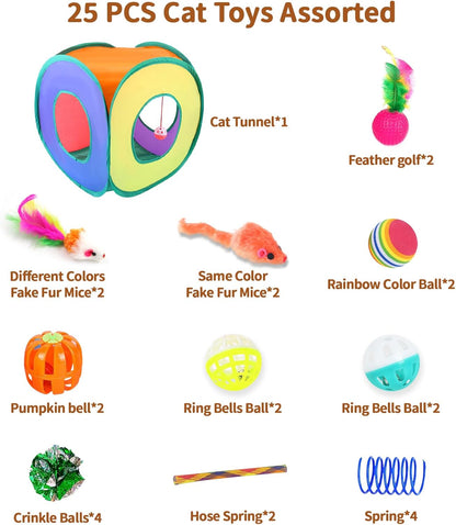 25-Piece Cat Toys Kit with Rainbow Cube Tunnel - Interactive Cat Toy Bundle for Indoor Cats, Kitten Playtime Variety Set Includes Springs, Balls, Mice & Noise Toys