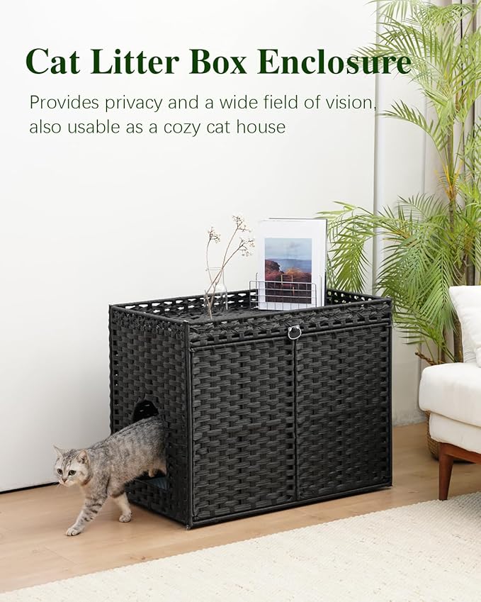 Cat Litter Box Enclosure Furniture, Hidden Litter Box, Cat Litter Box Cabinet with 2 Litter Mats, Handwoven Rattan Large Space Cat House, Indoor for Living Room, Bedroom, Apartment Black